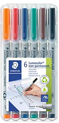 STAEDTLER Universalstift Lumocolor non-permanent, feucht abwischbar, für fast alle Oberflächen, Linienbreite ca. 0,4 mm, 6 Folienstifte in sortierten Farben, 311 WP6