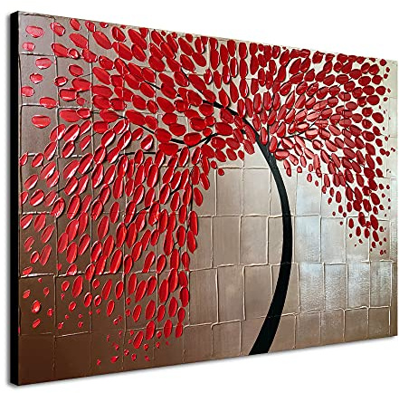 Wieco Art Red Flower Oil Paintings on Canvas Wall Art Ready to Hang for Living Room Bedroom Kitchen Home Decorations Large Modern 100% Hand Painted Stretched and Framed Abstract Floral Artwork L