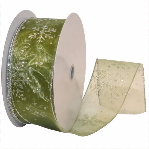 Morex Snowflake 2.5 X 50 YD Nylon Sheer Wired Glitter Ribbon in Spring Moss/Silver
