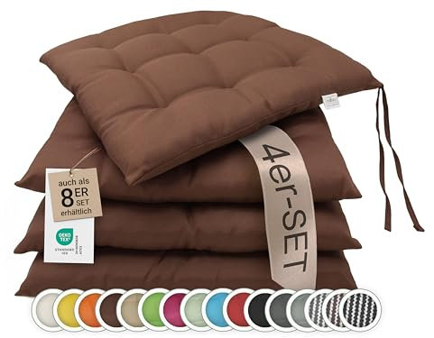ZOLLNER 4er Set Sitzkissen in 40x40cm - gemütliche Stuhlkissen mit Bindebänder - waschbar bis 30°C - in braun - Oeko Tex® Zertifiziert