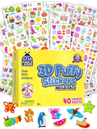 PURPLE LADYBUG 900+ PCS Assorted 3D Stickers for Kids - 40 Sheets of Fun Craft and Reward Stickers Featuring Stars, Animals, Cars & More - Travel Activity & Scrapbooking
