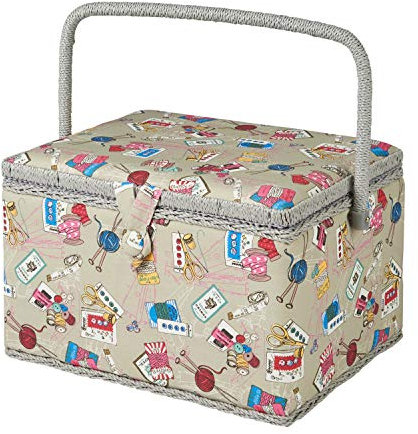 Grande boîte à couture grise Notions, tissu à motifs multicolores contemporains, 23,5 x 31 x 20 cm