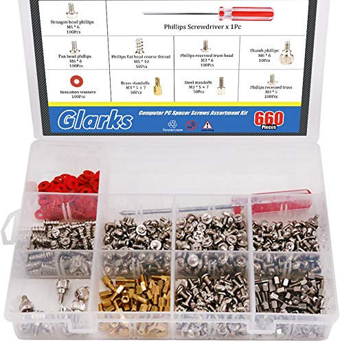 Glarks 660-Pieces Phillips Head Computer PC Spacer Screws Assortment Kit for Hard Drive Computer Case Motherboard fan power graphics (Extra: Phillips Screwdriver)