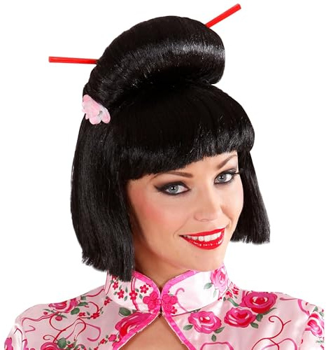 Widmann J0578 – peruk Geisha, svart, med blommor och pinnar, kinesisk, temafest, karneval