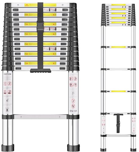 Telescopic Ladder, 4.4M Stainless Steel Loft Ladder with Non-Slip Feet and Triangle Support, Portable Ladders Extendable Thickened High-Strength, Ladders for Roof Attic Caravans