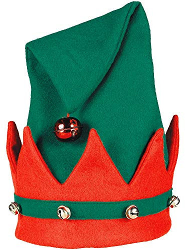 amscan 393509-55 Cappello da Elfo con Campana, Rosso/Verde, Babbo Natale, vigilia di Natale, Carnevale, Festa a Tema, 38,1 x 27,9 cm