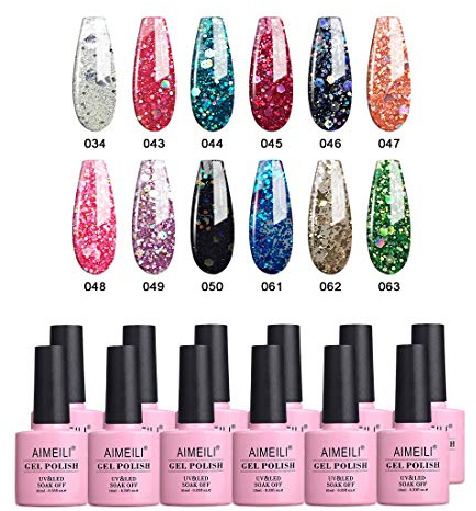 AIMEILI Soak Off UV LED Glitter Gel Nail Polish Multicolour/Mix Colour/Combo Colour Set Of 12pcs X 10ml - Kit 7