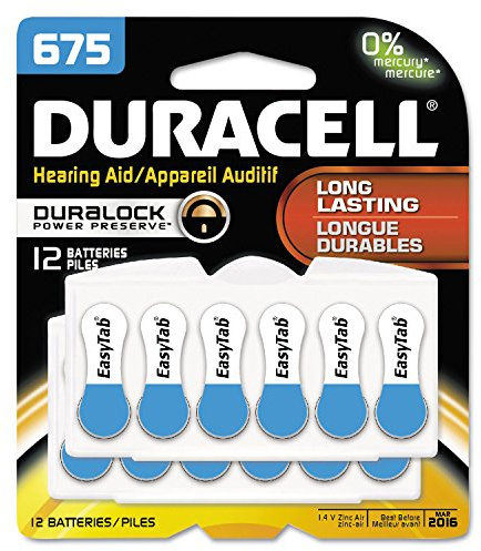 Duracell Hearing Aid Batteries Blue Size 675, 12 Count Pack, 675A Size Hearing Aid Battery with Long-lasting Power, Extra-Long EasyTab Install for Hearing Aid Devices