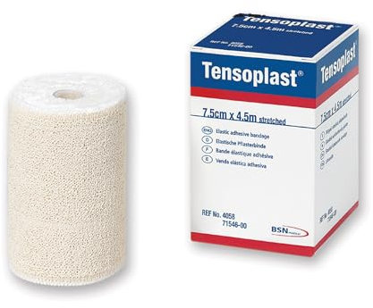 Tensoplast Benda Elastica Adesiva, Bordi Morbidi e Materiale Adesivo Poroso, Riga Centrale Gialla, Misura 4.5 m x 7.5 cm, 1 pezzo