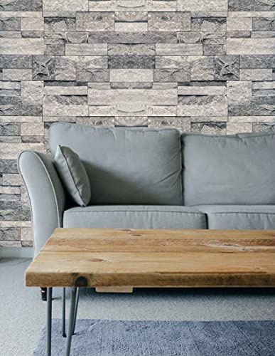 Hyfive®, carta da parati con effetto mattoni di pietra naturali, in 3D, 10 x 0,53 m, colore: grigio