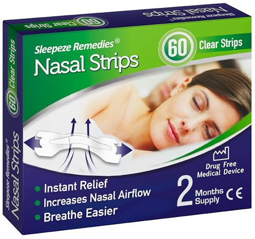 Sleepeze Remedies Nasenpflaster Schnarchen Klar (60 Stück), Anti schnarch Nose strips besser atmen, Nasenstrips gegen Schnarchen, Nasenpflaster sport und Verstopfung Entlastung, Nasal strip