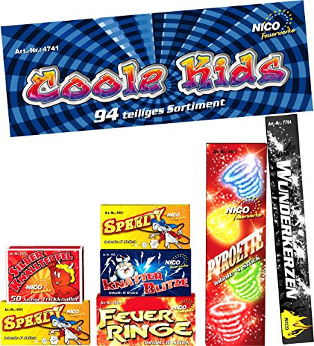 vama Nico Coole Kids 94 teiliges Spaß Jugendfeuerwerk Set F1 Feuerringe Speedy Knallerbsen Bodenwirbel Wunderkerzen Pyroette Knatterblitze