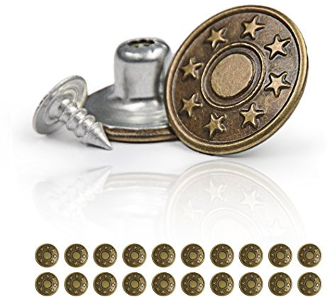 Ganzoo set 20 bottoni per jeans e pantaloni con 20 rivetti, fissaggio a rivetto senza cucire con martello, bottoni in metallo colore oro vecchio, motivo stella per sostituzione su cinturino e chiusure