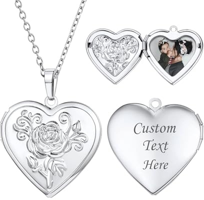 U7 Women Platinum Plated Heart Necklace that Hold Picture Romantic Flower Grain Photo Locket Pendant, Valentines Day Gift