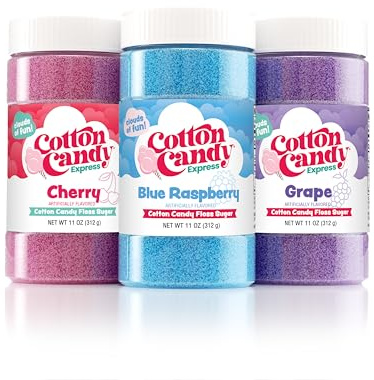 Cotton Candy Express Floss Sugar Variety Pack with 3 - 11oz Plastic Jars of Cherry, Blue Raspberry & Grape Flossing Sugars. Use With Cotton Candy Express Countertop Machine