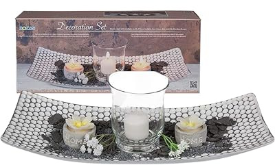 White/grey wooden plate, ca. 38 x 16 cm, windlight ca. 11 x 9 cm with candle, 2 flower tealights, decostones, deco sand & 2 white deco flowers, in giftbox