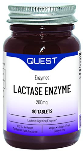 Quest Lactase Enzyme 200mg Lactose Intolerance Relief. 2000 ALU Fast Relief Dairy Enzymes Digestive Supplement to Prevent Gas, Bloating & Diarrhoea. Dairy, Gluten Free & Vegan (2 Pack x 90 Tablets)