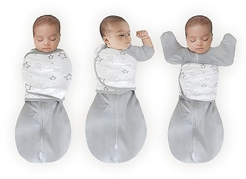 Amazing Baby Omni Transitional Swaddle, Swaddle Sleep Sack with Wrap & Arms Up Sleeves & Mitten Cuffs, Gray Stars, Small, 0-3 Months