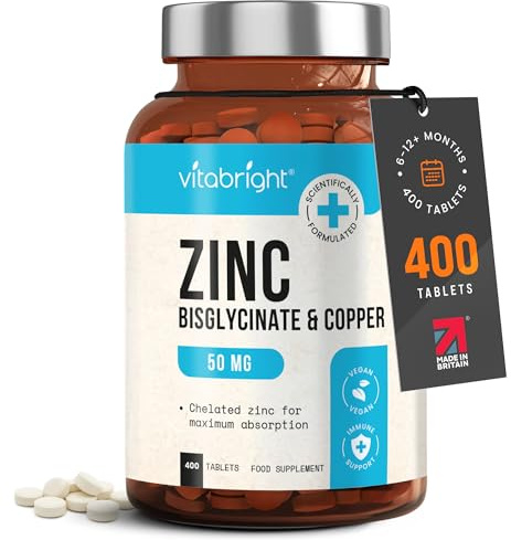 Zinc Supplements with Copper | 50mg Daily | 400 Zinc Tablets | 6+ Months | Zn Bisglycinate for Men & Women | High Absorption, High Strength Zink and Copper Supplement | Made in UK | VitaBright