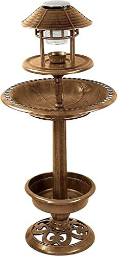 SASONS ® Solar Bird Bath with Light for Garden – Freestanding Bronze Effect Bird Bath & Feeder Station, Outdoor Pedestal Water Bowl with Solar Lantern, Weather Resistant for Wild Birds