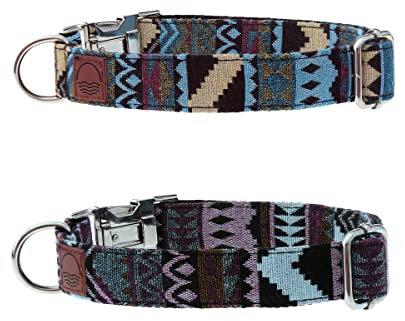 Made by Nami Boho Hundehalsband 2er Set aus Nylon - Versch. Größen kleine & große Hunde - Verstellbar mit Metallverschluss - Atmungsaktiv & Leicht - Premium Hundehalsbänder (S (26-42 cm), Blau & Lila)
