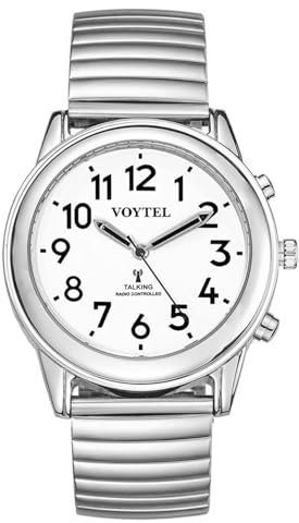 MAUJOY Men's Atomic Talking Watch(Silver Stainless Steel Spring Watch Band) Clear & Loud English Accent, Announces Time, Date & Alarm, Ideal for The Blind, Visually Impaired & Elderly