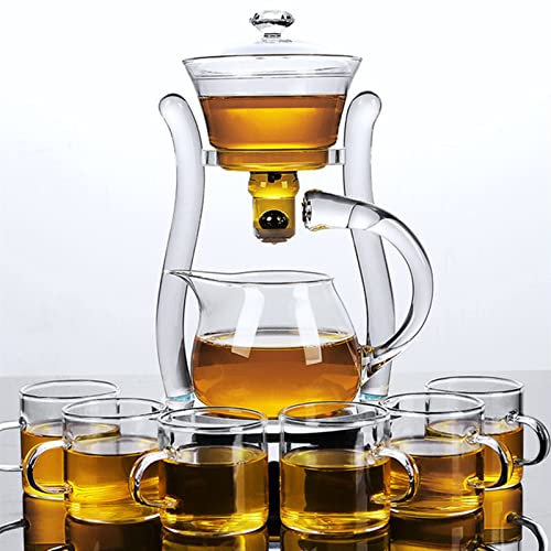 Mozeo Lazy Kungfu Teiera in vetro semiautomatico per tè con aspirazione, teiera automatica per infusione dell'acqua, set da tè in vetro per ufficio (teiera trasparente + 6 tazze)