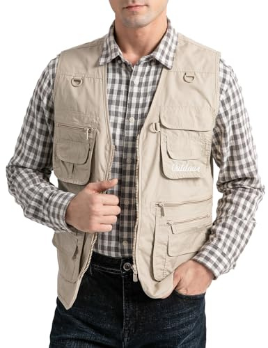 Sukany Men's Vest Utility Shooting Safari Travel Cargo Outdoor Lightweight Work Photo Vest with Pockets Beige S
