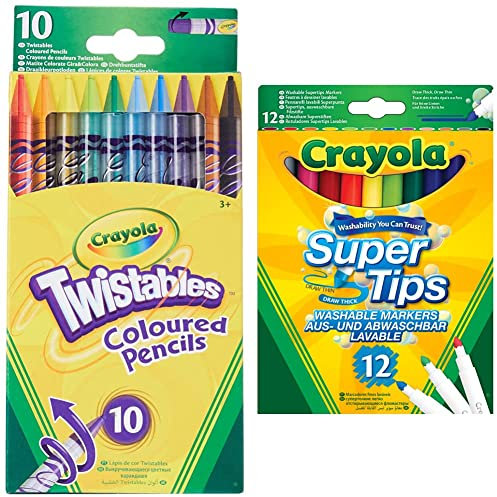 CRAYOLA Twistables Multi-Color Colored Pencils - Assorted Colours | Simply Twist for More Colouring Fun - No Need to Sharpen! | Ideal for Kids Aged 3+ & SuperTips Washable Markers - Assorted Colours