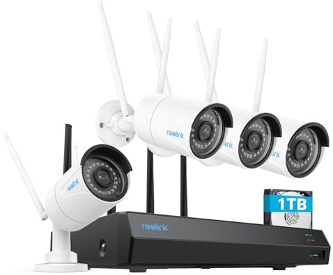 Reolink 5MP Kit Caméra Surveillance WiFi Extérieure, Wi-FI Bi-Bande 5GHz/2,4GHz, Détection Intelligente, Vision Nocturne, NVR 12CH avec 1To, Enregistre 24/7, IP67, Matériau Métallique, RLK12-500WB4