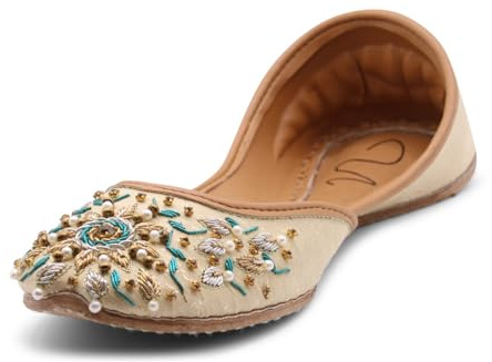 Women's Traditional Handmade Khussa Jutti Bridal Mojari Punjabi Jutti Ethnic Flats (Beige 2, US Footwear Size System, Adult, Women, Numeric, Medium, 6)