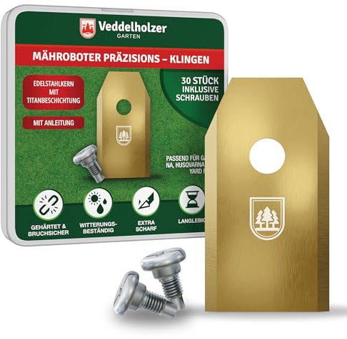 Veddelholzer 30 langlebige Mähroboter Klingen aus Edelstahl mit Titan beschichtet Mähroboter Ersatzmesser kompatibel mit Gardena, Husqvarna, Yardforce uvm. Inklusive Schrauben alles in einem Set