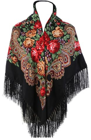 MNVXBSOI Women’s Printed Scarf Traditional FolkScarf Wrap Tassel Shawl Neck HeadShawl Retro Scarf FloralShawl Black
