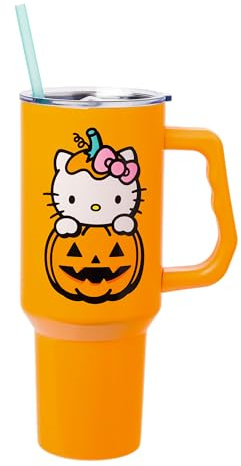 Silver Buffalo Sanrio Hello Kitty Halloween Jack-O-Lantern Stainless Steel Tumbler with Handle and Straw, Fits in Standard Cup Holder, 40 Ounces