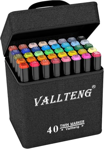 Vallteng Feutre a Alcool 40 Couleurs, Pointe Double Feutres à Alcool Marqueurs Pinceau et Ciseau Burin Pour Adultes Peinture, Griffonnages Enfants, Animation Art Esquisse