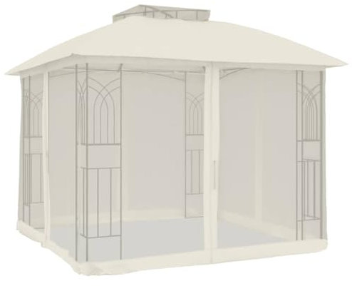 vidaXL Gazebo con Tetto Doppio e Pareti Rete Crema 2,94x2,94 m Acciaio, Gazebo da Giardino, Gazebo da Patio, Padiglione da Giardino, Gazebo da Esterno