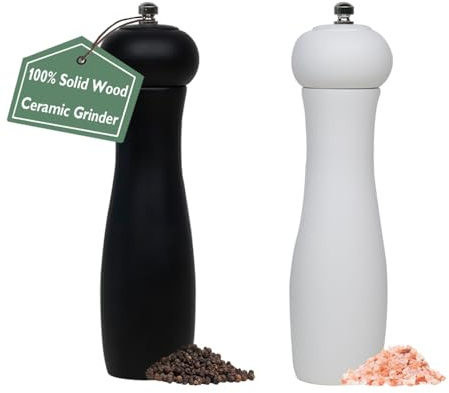 ManGotree Moulin à Poivre et Sel en Bois ManGotree 8 Pouces, Moulin à Sel avec Rotor en Céramique Réglable, Moulin à Poivre Manuel en Bois pour Cuisine, Lot de 2 (Noir+Blanc)