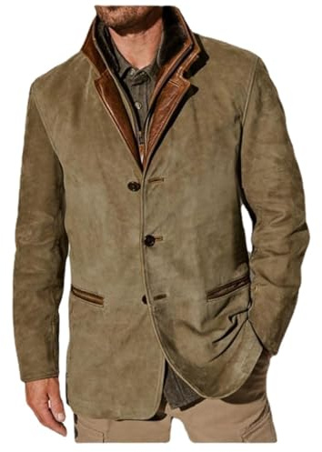 Chaquetas vintage de ante para hombre, blazer de doble capa con solapa de piel, cuello de cuero, longitud media, blazer de exterior para otoño e invierno, caqui, XXL