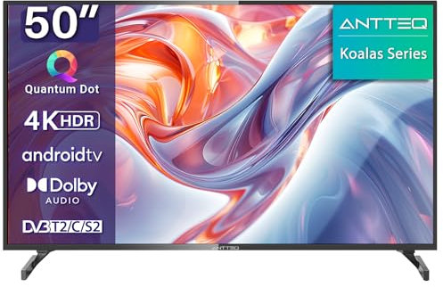 Antteq Koalas Series Q50 50 Smart TV 4K HDR QLED Android TV 127 cm (DVB-T/T2/C) avec App Store (10 000+ Apps), Bluetooth 5.0, Assistant Google, Wi-FI 2.4 GHz/5 GHz [Classe énergétique G]