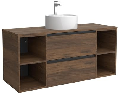 Cygnus Bath Mueble de Baño BEQUIA Plus Metal 120cm Nogal | Lavabo sobre encimera Porcelana Centrado 2H