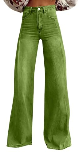 Pantalón de tiro alto para mujer, jeans extra largo, tallas grandes, vaqueros de pierna ancha, denim, elástico, pantalones largos casuales, pantalones de ocio, pantalones de verano, monocolor, verde