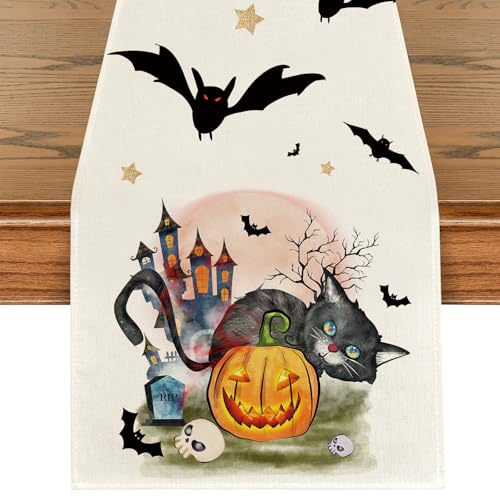 Halloween Deko Tischläufer, Kürbis Fledermaus Tischdecke Gruseliges Horror Decoration für Wohnzimmer Esszimmer Kamin, Halloween Party, Horror-Party, 40 x 140cm