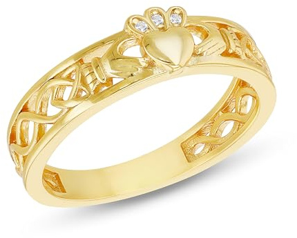 Tuscany Silver Women's Sterling Silver Gold Plated 1mm CZ Claddagh Band Ring #M