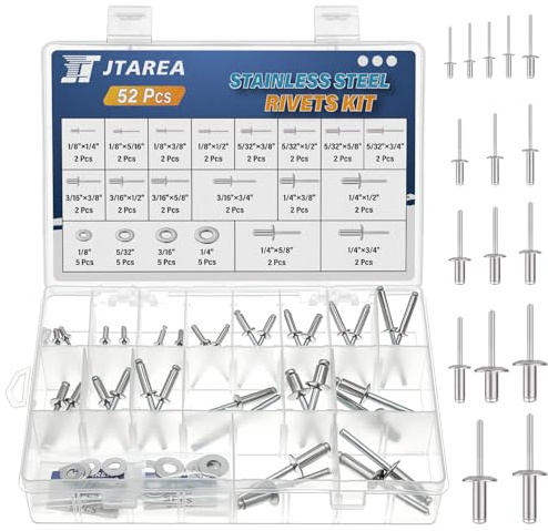 JTAREA 16 storlekar blindnitar rostfritt stål 3,2 mm 4,8 mm 6,4 mm nitar popnitar kärnnitar med runt huvud blinda nitar pop riet sortiment set med brickor