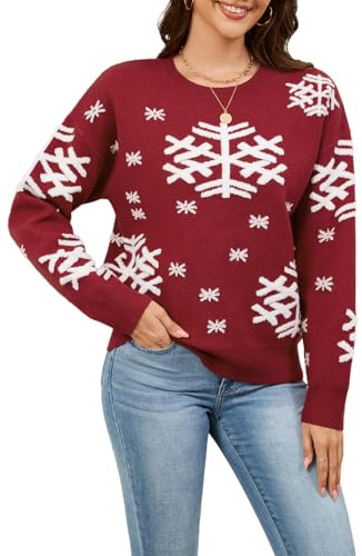 Quatrefox Christmas Jumpers Sweaters Women Winter Warm Sweater Soft Knitted Red Pullover Ladies Crew Neck Jumper Long Sleeve Casual Knit Tops Xmas Knitwear (Red with Snowflake, L)