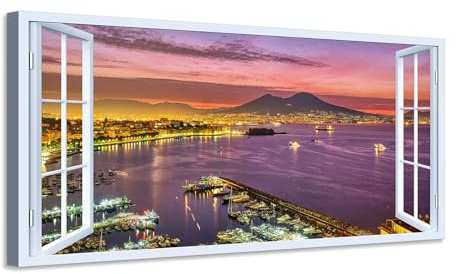Quadro finestra Panorama golfo di Napoli Vesuvio al tramonto - Stampa su tela con telaio in legno - 120x60 cm