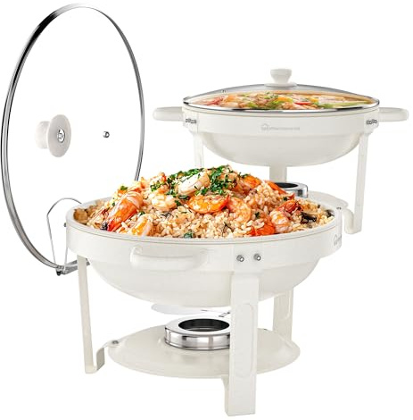 WARMOUNTS White Chafing Dish Buffet with Glass Lid 5L 2 Pack, Maifanite-Coated Round Food Warmers Set w/Mirror-Polished Stainless Steel, Rolled Rim Stackable Chafers with Lid Holder for Party, Wedding