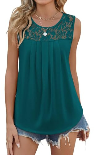 Zeagoo Women Summer Tops Ladies Sleeveless Tops Loose Lace Vest Top | Casual Tank Top Pleated Floaty Tunic Blouses