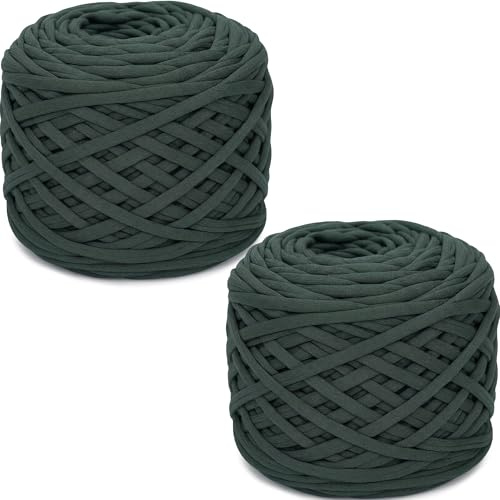 285gx2 Fil épais pour T-shirt à crocheter, tissu élastique à crocheter de 2 cm de large, fil à tricoter à la main pour T-shirt à crocheter pour coussin, poupée, panier, sac et couverture (Vert foncé 2