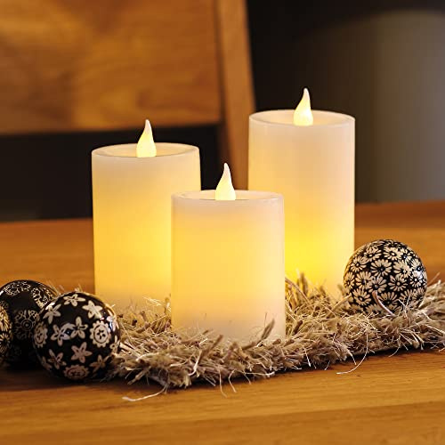 hellum LED-vaxljus, 3 stycken, Ø 8 cm x 10 12 + 14 cm högt, vitt LED-ljus, varmt vitt låga, ljus med batterier (9 x AAA ingår ej), julbelysning, dekoration, äkta vax 572056